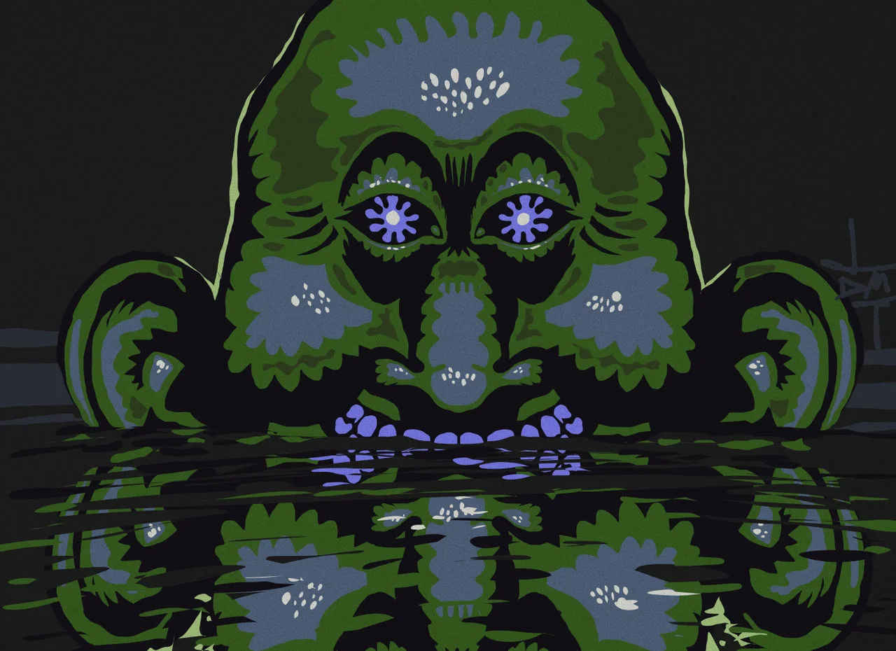 Ilustración de una criatura verde emergiendo del agua